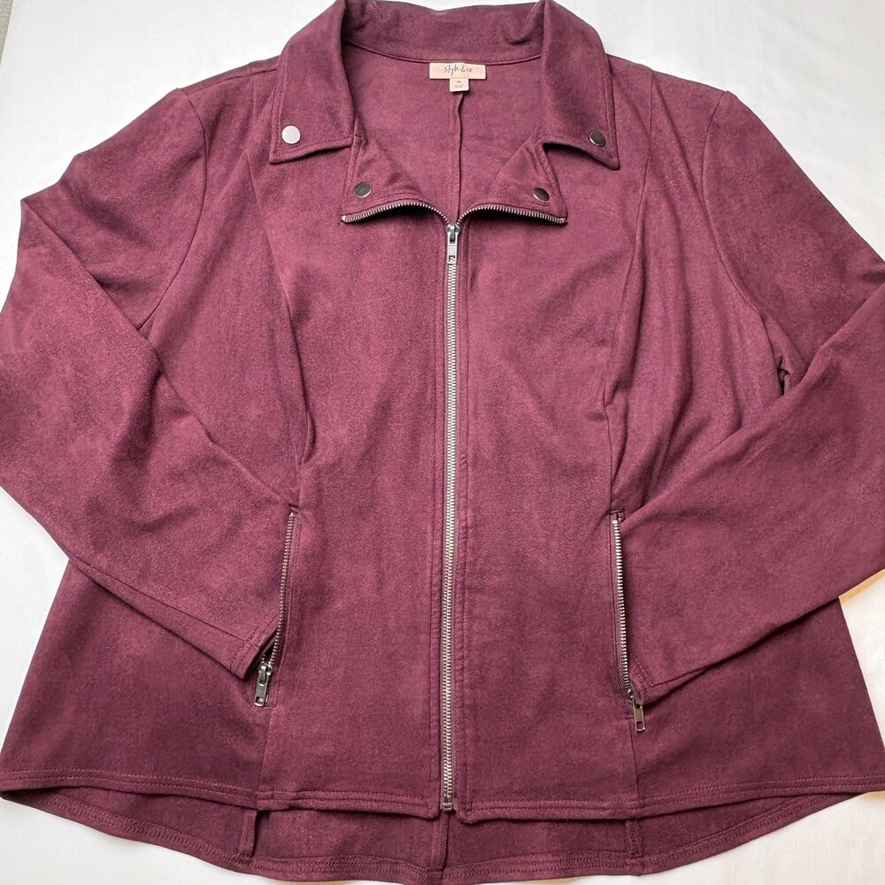 Style & Co Women's 2X Burgundy Faux Suede Moto Jacket Full Zip Stretch